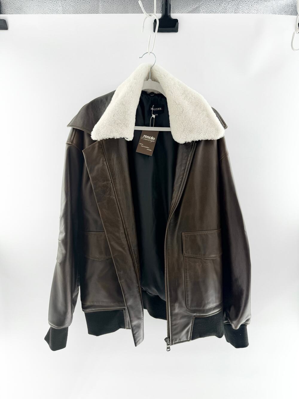 Meotine Lamb Leather Full Zip Bomber Jacket with Shearling Collar Black Size S/M